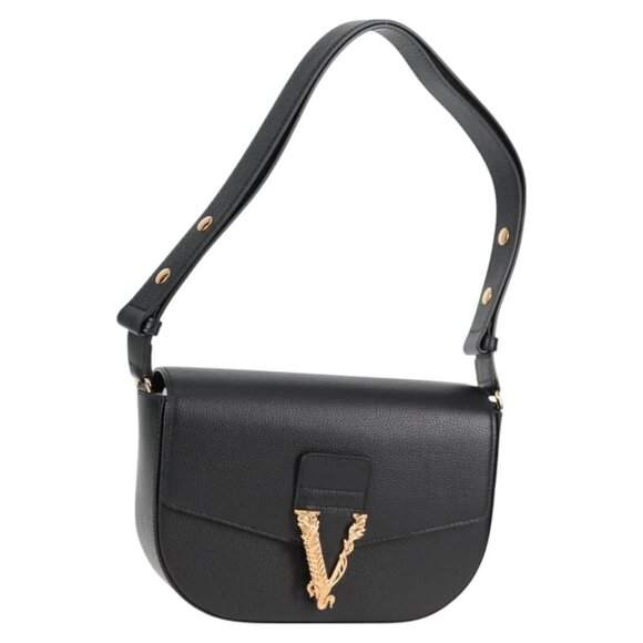 VERSACE Shoulder Bag Leather Black Gold Auth 118818A - Picture 1 of 13